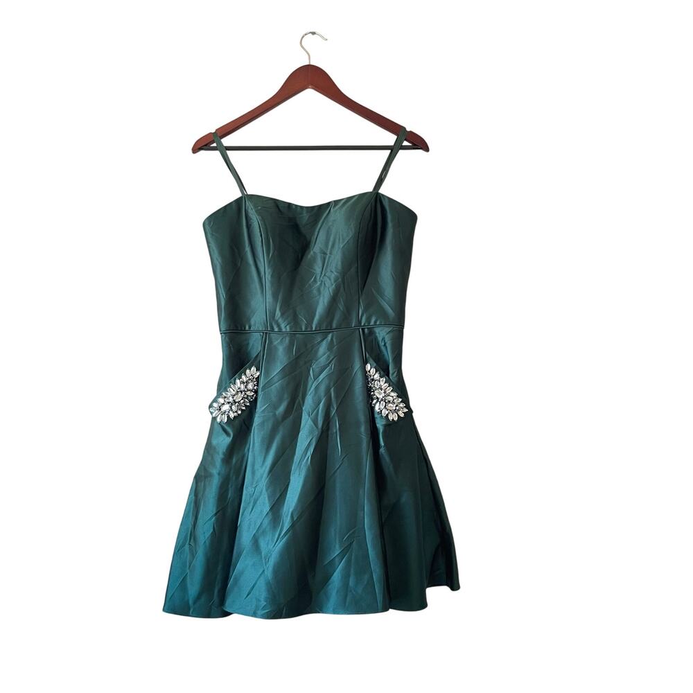Vintage 90s y2k satin dark‎ green mini dress with front pockets size small